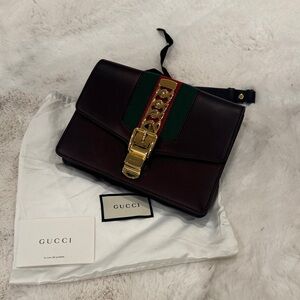 Authentic Gucci Dark Black Belt Bag with Gold Buckle and Green Stripe